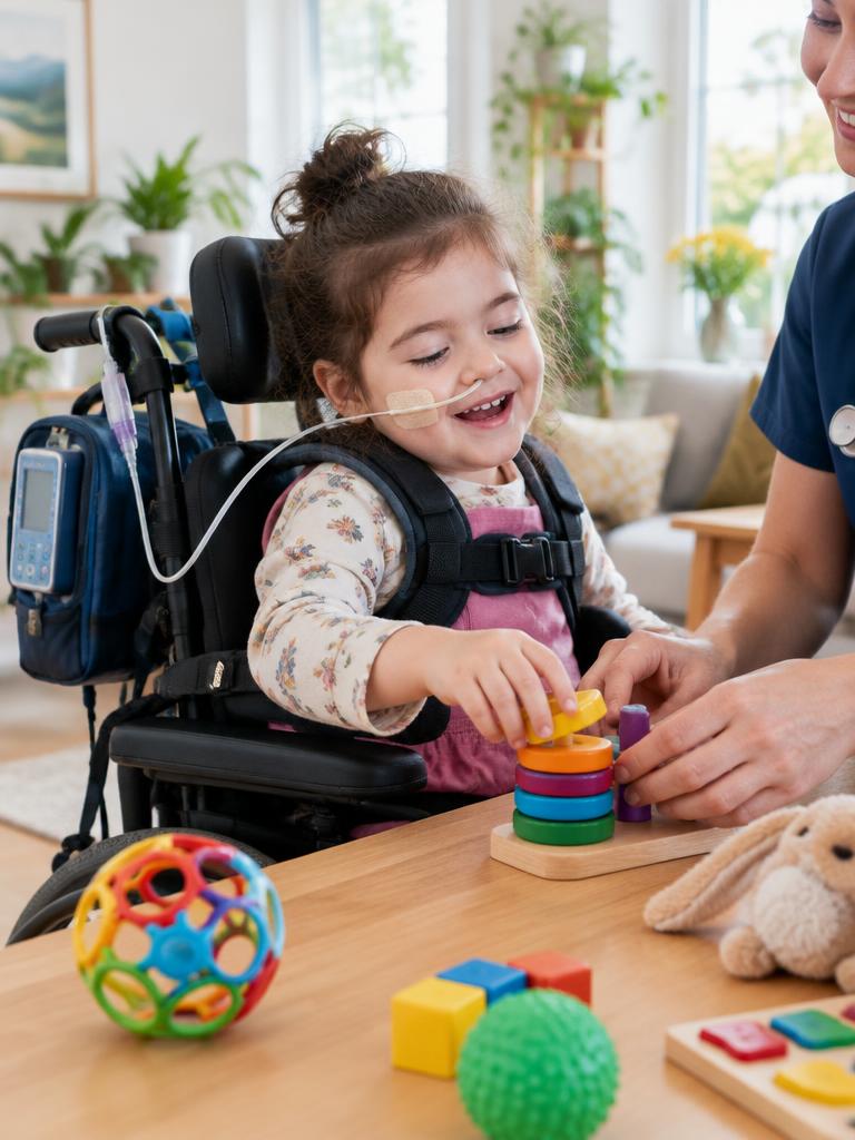 A smiling child in a wheelchair playing with colorful stacking toys at home
