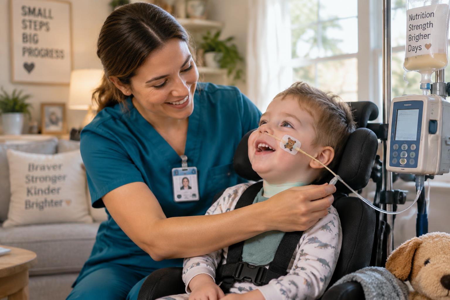 A home health nurse caring for a smiling medically fragile child at home