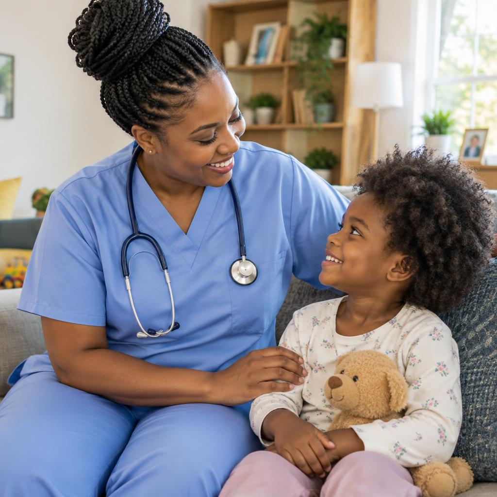 A smiling home-care nurse in blue scrubs sitting with a happy child holding a teddy bear at home